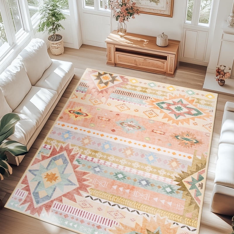 Jamfeel Area Rugs Boho Print Low Pile Washable Carpet Soft Non-slip Rug for Living Room Bedroom Kitchen 5'x8' Cinnamon