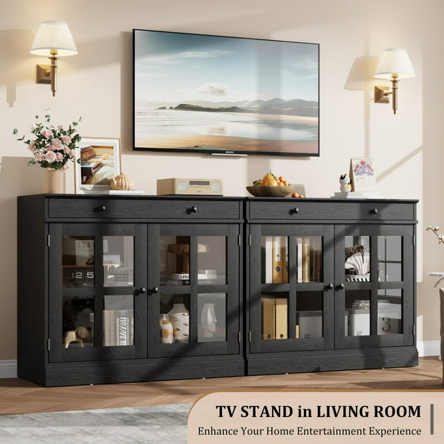 Modern Sideboard Buffet Cabinet with Glass Doors and Adjustable Shelf – Large Storage Drawer – Versatile Entryway, Kitchen, or Dining Room Organizer – Contemporary Hallway Storage – Color: Black