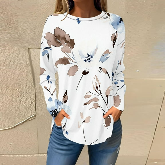 Censtreet Womens Long Sleeve Tops Casual Shirts for Women Summer Flower Printed T Shirt Crewneck Floral Tee