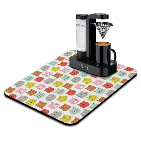 Cats and Hearts Pattern Coffee Station Mat - Artistic Cat Print Absorbent Pad for Espresso Machines