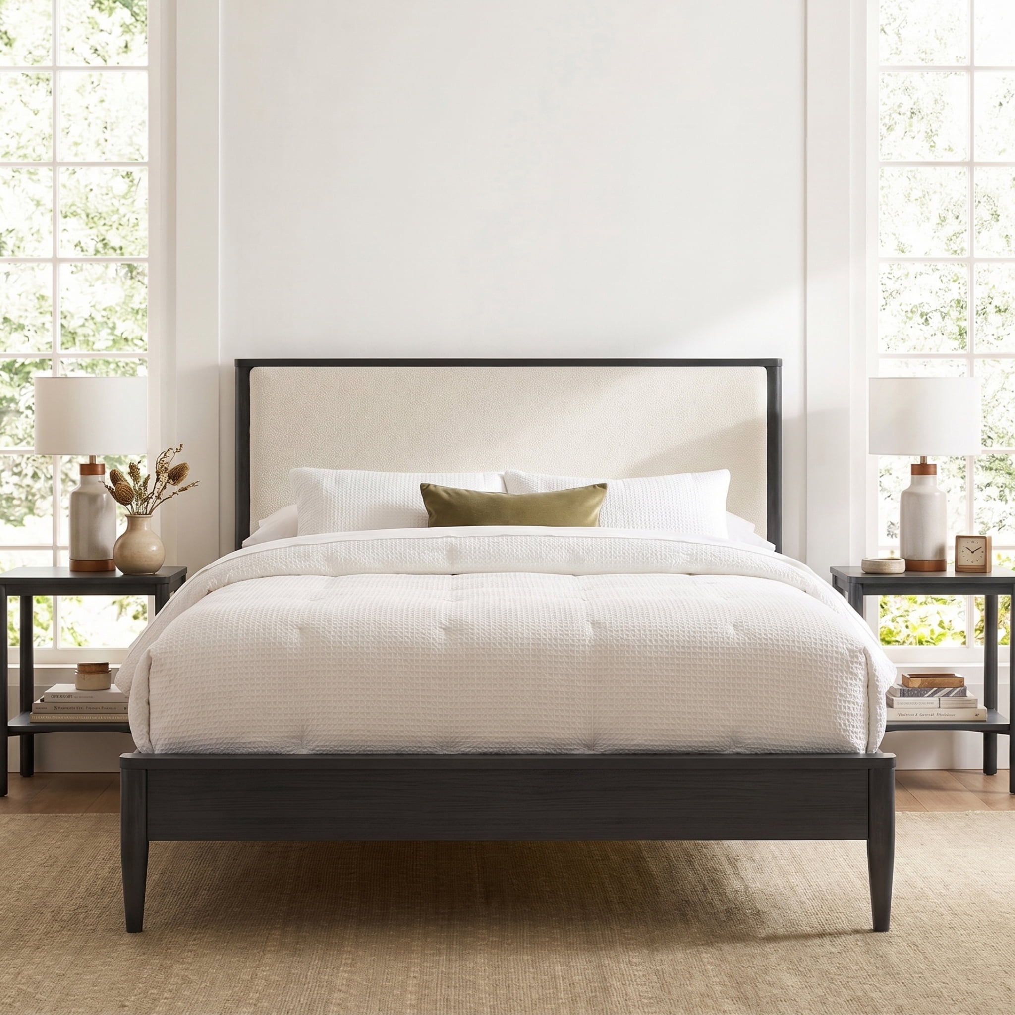 Euroco Wood Queen Size Platform Bed, Mid-Century Modern Style Platform Bed with Boucle Upholstered Headboard, Black