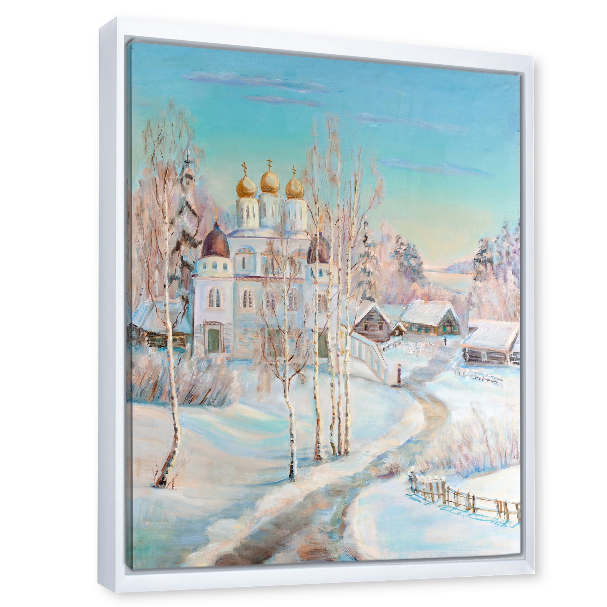 Designart 'Temple Over Country Road In Winter Landscape' Traditional Framed Canvas Wall Art Print