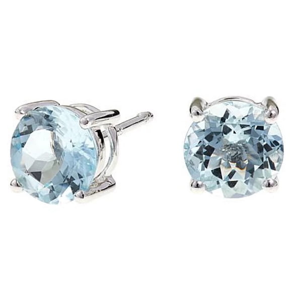 Paris Jewelry Women's 10k White Gold Created Aquamarine 1Ct Round Stud Earrings Pack of 2 Plated