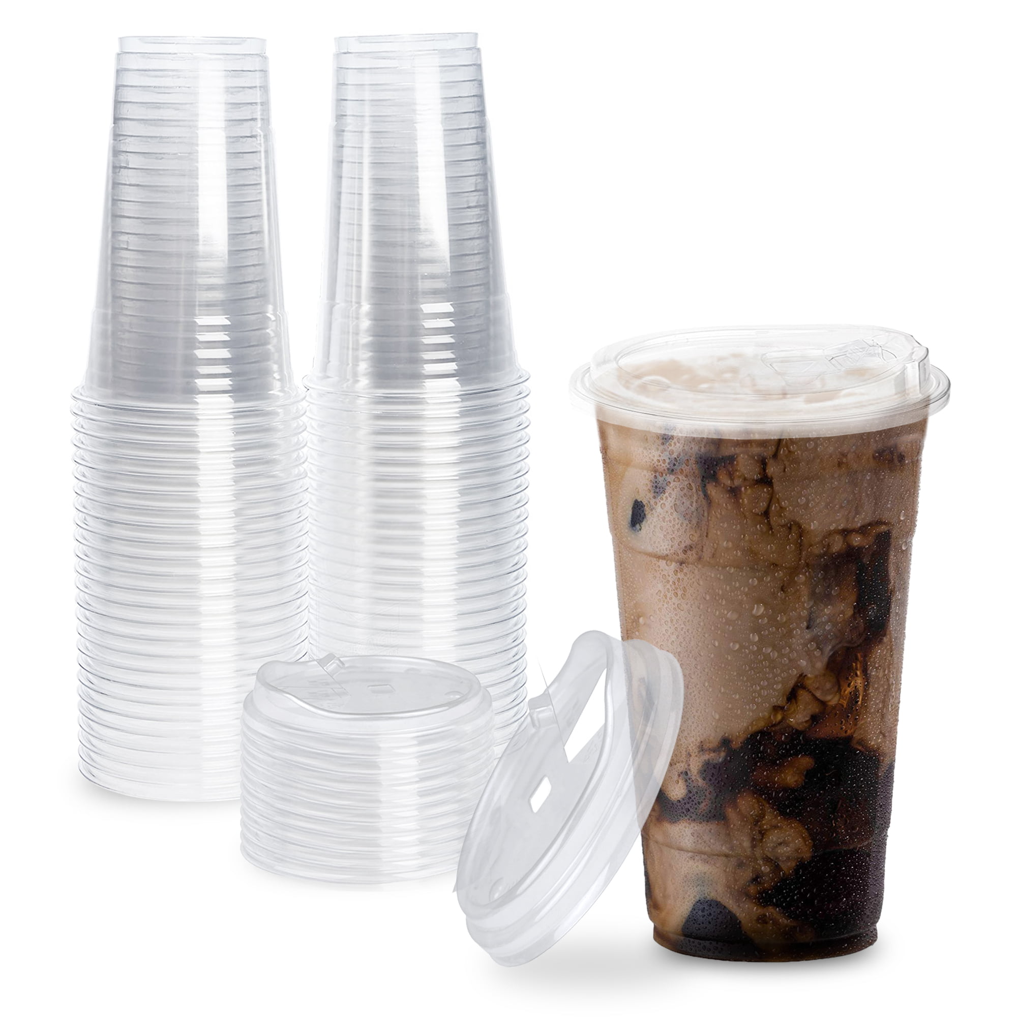 [50 Pack] Disposable Strawless Plastic Cups with Lids - 24 Oz Clear