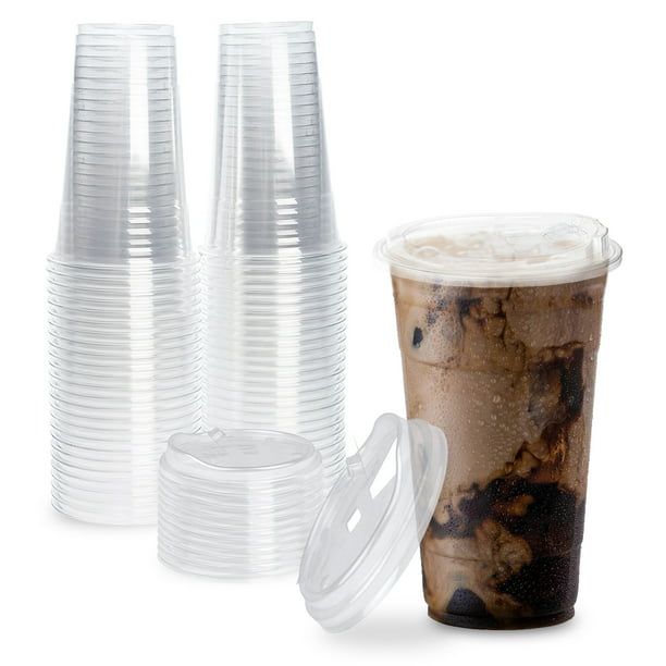 [50 Pack] Disposable Strawless Plastic Cups with Lids 24