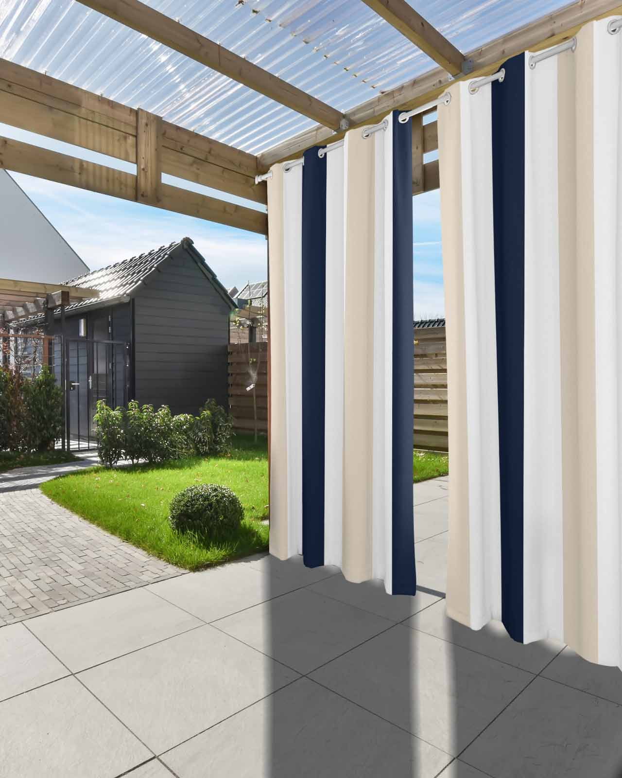 Beige Navy Blue Striped Outdoor Curtains for Patio, Farmhouse Stripe Art Privacy Drapes Grommet Waterproof Outside Curtains for Porch/Cabana/Balcony 54"x 84", 2 Panel