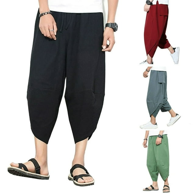 MesaSe Plus Size Men Solid Color Capri Pants Drawstring Oversize Samurai Trousers