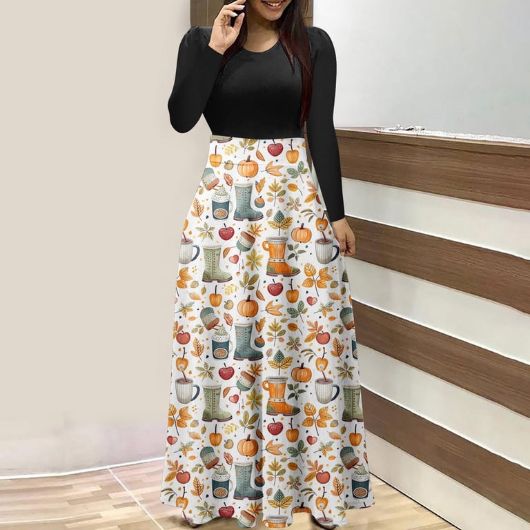 SuTry Women's Halloween Patchwork Dress Long Sleeve Round Neck A Line Flowy Maxi Skirt Fall Party Casual Holiday Outings Daily Wear