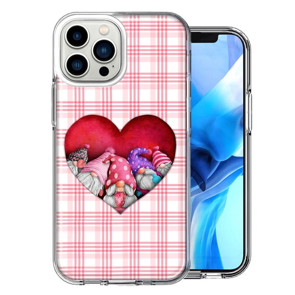 MUNDAZE Case for Apple iPhone 15 Pro Max Slim Hard Shell Soft TPU Hybrid Shockproof Heavy Duty Protective Phone Cover - Valentine's Day Garden Gnomes Heart Love Pink Plaid Design