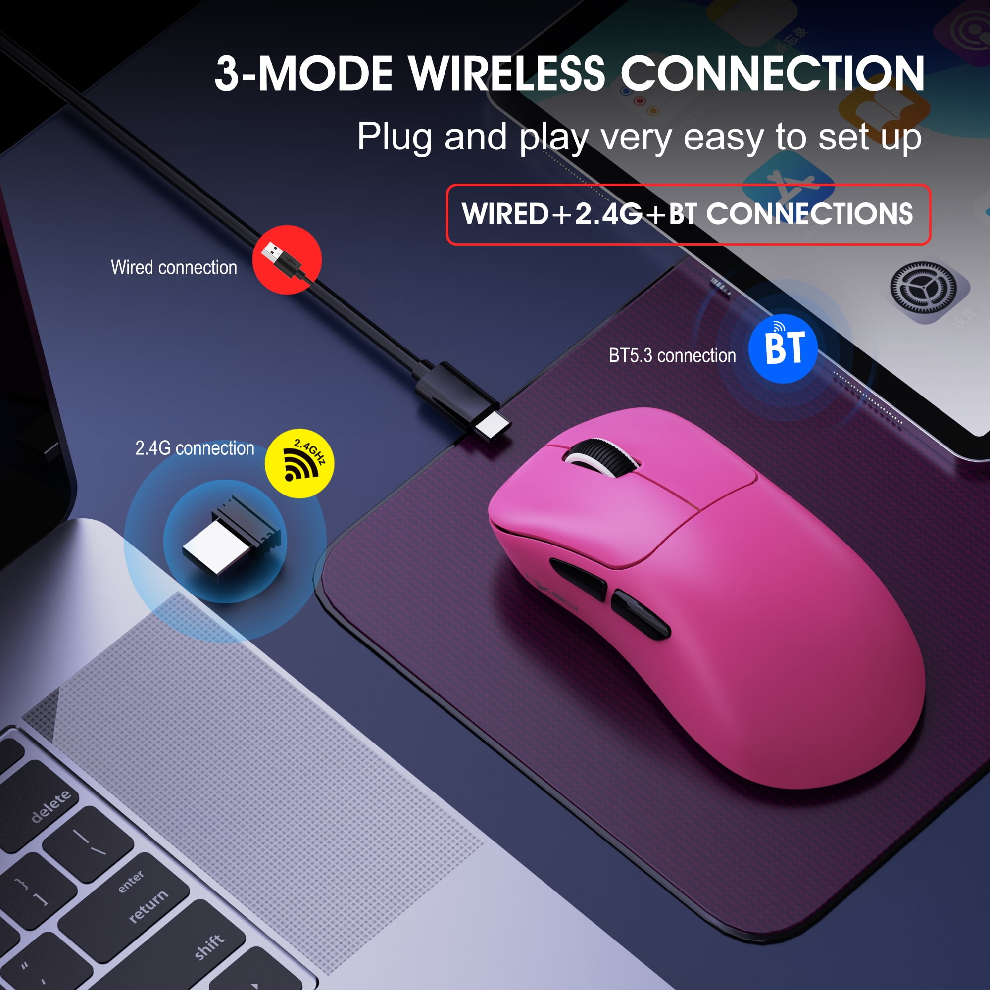 Wireless Gaming Mouse with 57g Lightweight Design,10000DPI,3 Mode USB-C/2.4G/Dual Bluetooth 5.3,Portable Rechargeable Mouse for PC/Mac/Laptop Gamer/Pink