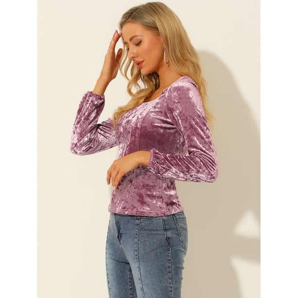 Blusa De Terciopelo De Color Solido De Manga Larga Con Cuello Cuadrado Y Traje Navideno Para Mujer Rosa empolvado XL Allegra K Blusa