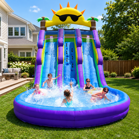 21FT Inflatable Double Water Slide with Splash Pool & Air Blower, Oxford Fabric Wet & Dry Backyard Water Slide for Kids & Adults