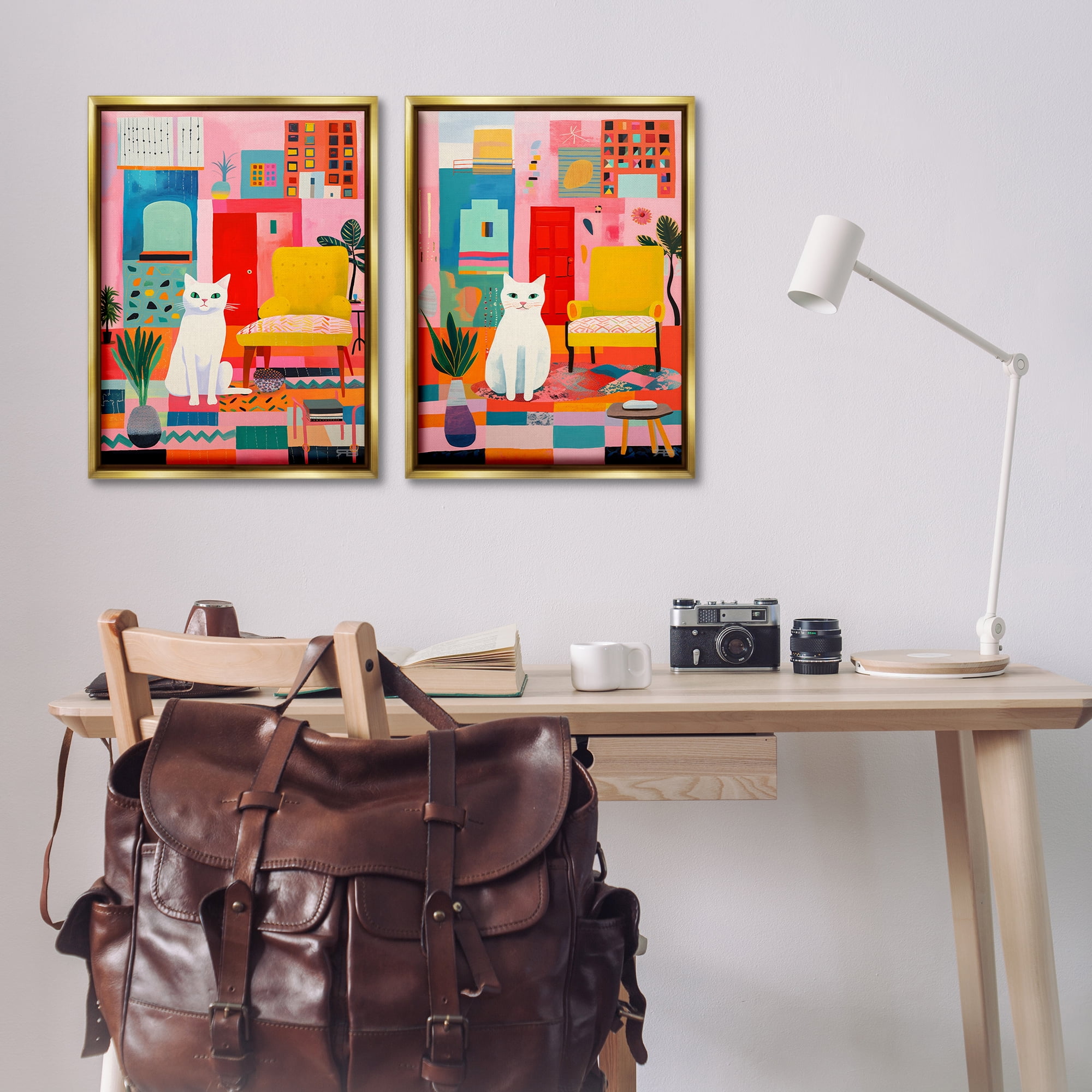 Stupell Industries Bright Room Sitting Cat Furniture Painting Gold Floater Framed Canvas Art Print Wall Art, 21 x 31, Set of 2