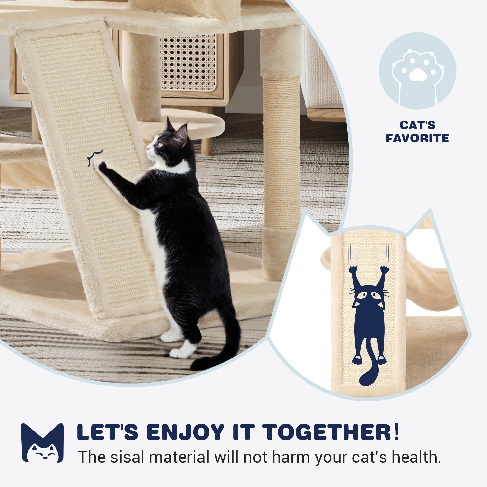 Sifurni 65.7" Large Cat Tree Tower Condo House for Cats with 2 Scratching Ramps, Hammock & Scratching Post, Beige