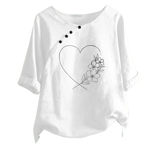 Blusas de Manga Corta para las Mujeres Impreso Cuello Redondo Camiseta, Top de Algodón de Imitación Casual para el Hogar Y Diario