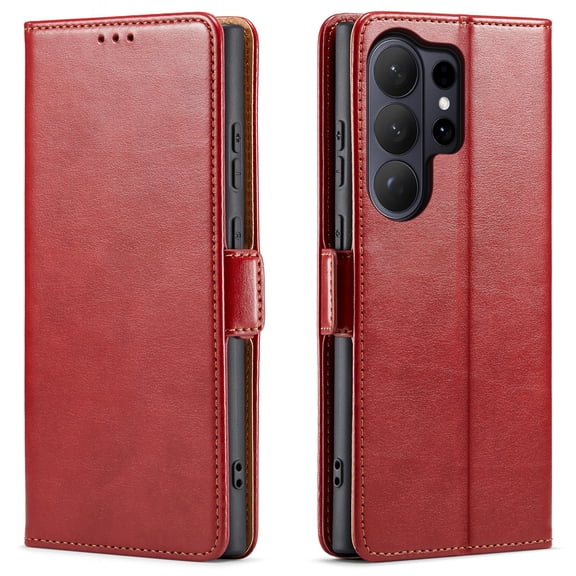 ELEHOLD Leather Wallet Case For Samsung Galaxy S26 Ultra with Card Slot Shockproof Flip Kickstand Cover,Red