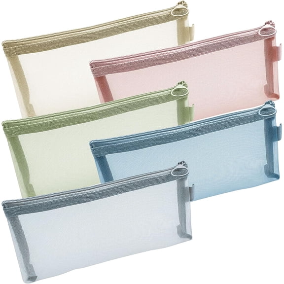 5Pcs Zipper Mesh Bags, 7.9" x 4" Mesh Makeup Brush Pouch Portable Clear Cosmetic Bags Square Pencil Case Organizer Stationery Storage Bag Mesh Zipper Travel Accessories for Makeup Brushes Purse