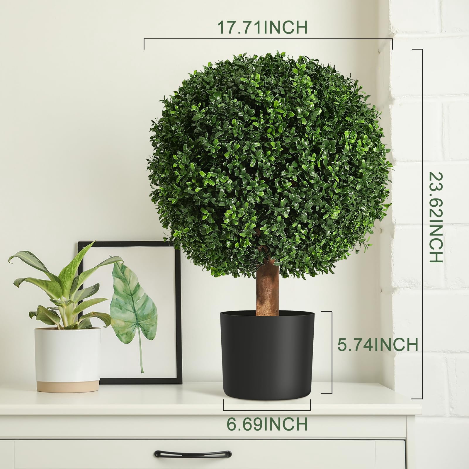 24 Inch Artificial Topiary Trees Set of 2, UV Resistant Faux Boxwood Plants with Pots, Fake Plants for Front Porch Patio Garden Walkway Entryway