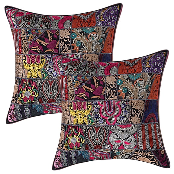 Stylo Culture Indian Christmas Cotton Black Large Throw Pillow Covers 24x24 Patchwork Vintage Outdoor Pillow Slipcovers Abstract Floral 60x60 cm Decorative Cushion Covers (Set Of 2)