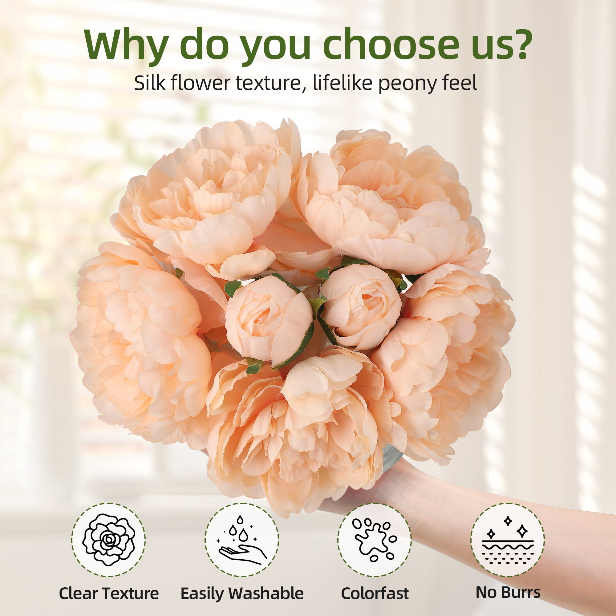 Artificial Silk Peony Flowers in Glass Vase - 10 Inch Faux Peony Arrangement with Faux Water, Realistic Touch, Table Centerpiece for Home, Wedding, Office Decor