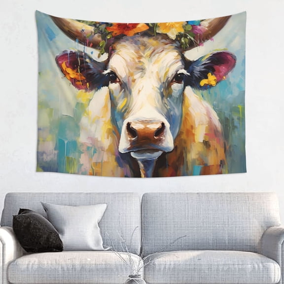 Picia Oil Painting Flower Cow Pattern Tapestry-Tapestries for Bedroom Living Room Dorm(29x37")