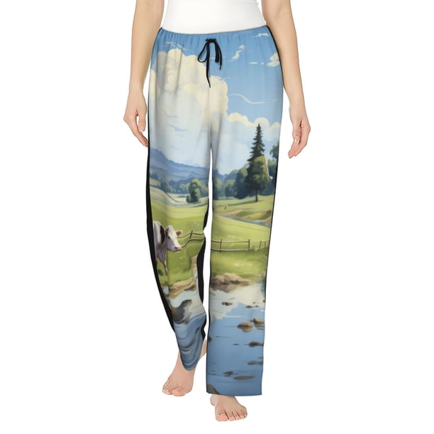 Fotbe Pasture Cow Pantalones de Pijama para Mujer, Pantalones de Dormir, Pantalones Pj con Cordón y Bolsillos-Small