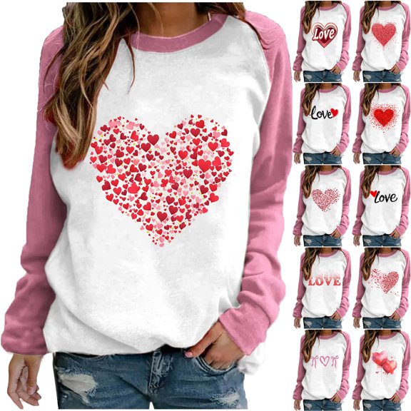 JTZGDY Valentines Day Raglan Long Sleeve Shirts for Women Cute Love Heart Pattern Print Round Neck Graphic Pink T-Shirts Tops Loose Lithgweight Comfy Pullover Sweatshirts Pink#01 M