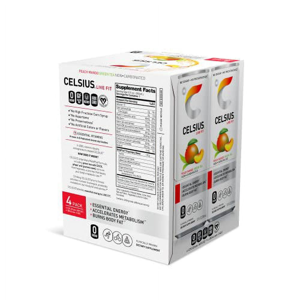 CELSIUS® Fizz Free Peach Mango Green Tea, Sugar Free Energy Drink, 12 Fl Oz (Pack of 4)
