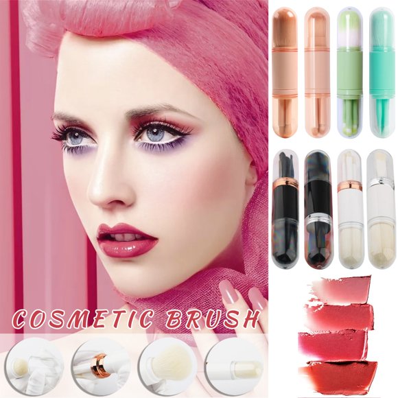 Set de brochas de maquillaje 4 en 1 - Mini base portátil, sombra de ojos, brochas de labios y iluminadores para maquillaje portátil