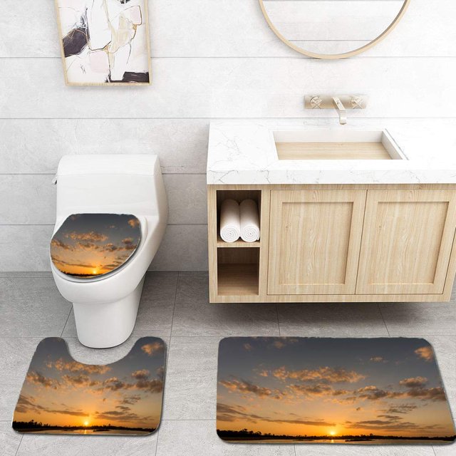 ABPHQTO Hermoso paisaje atardecer Juego de alfombras de baño de 3 piezas Alfombra de baño Alfombra de contorno y tapa de inodoro