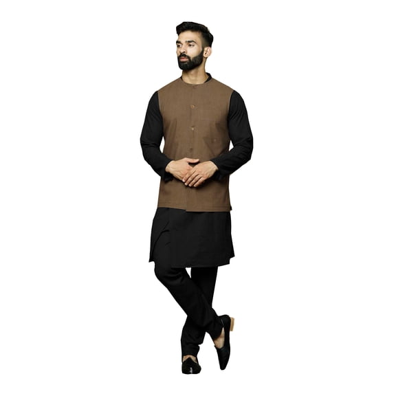 ELINA FASHION Men's Indian Cotton Kurta Pajama And Nehru Jacket (Waistcoat) Ethnic Wedding Diwali Puja Set
