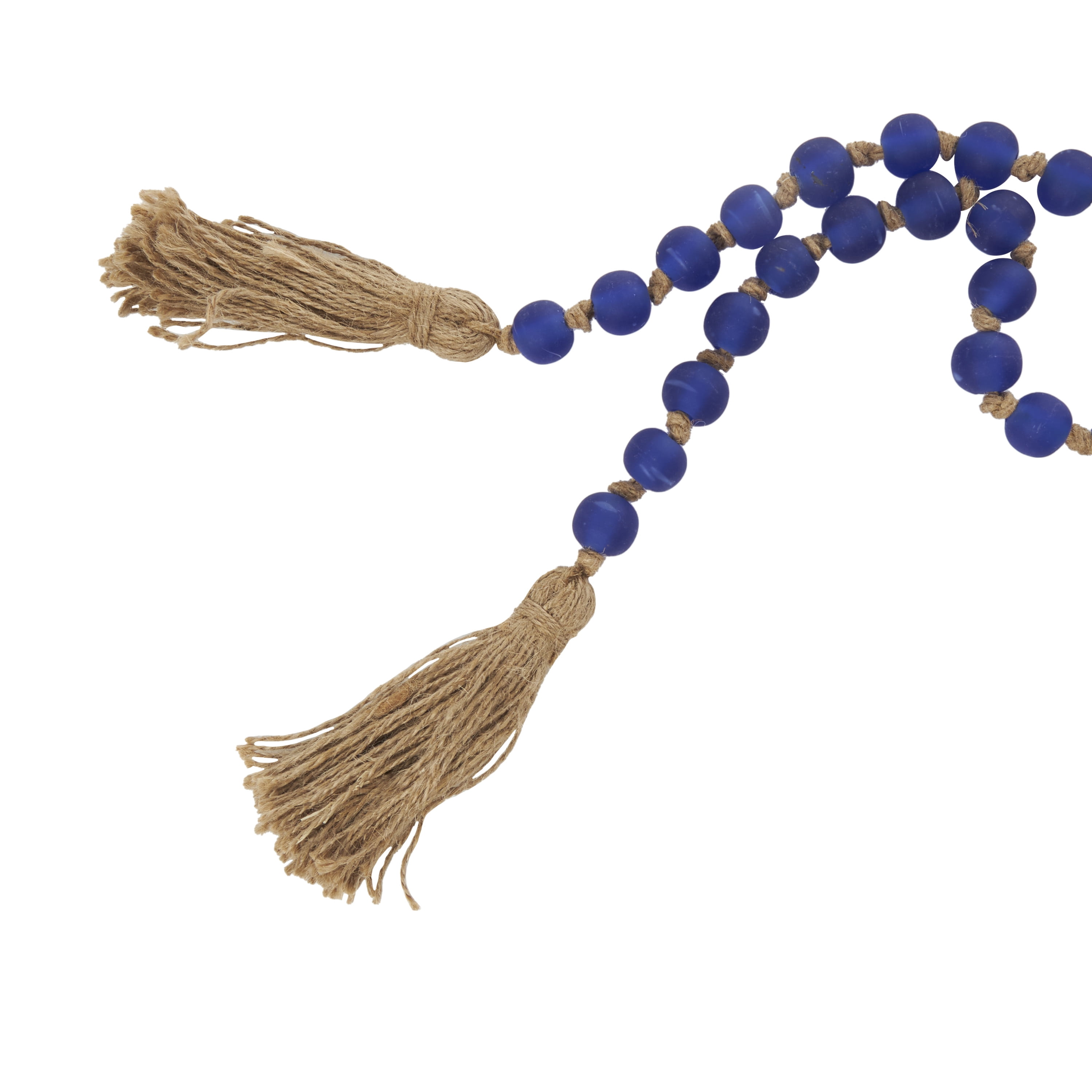 DecMode Handmade Round Long Frosted Beaded Blue Glass Garland with Tassel with Knotted Brown Jute