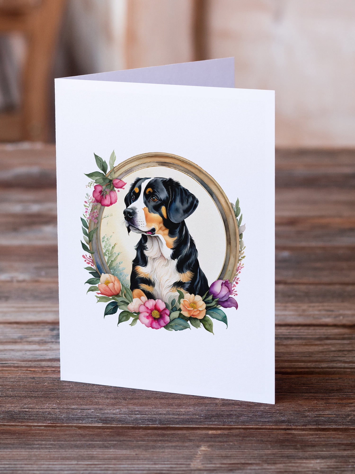 Entlebucher Mountain Dog and Flowers Greeting Cards and Envelopes Pack of 8 7 in x 5 in