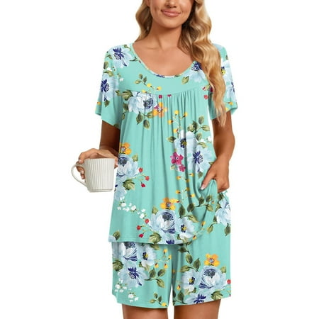

DAETIROS Matching Sets for Women 2PC Round Neck Shorts Sleeve Two-piece Comfortable Home Pajamas Set Sports Set Green Size M