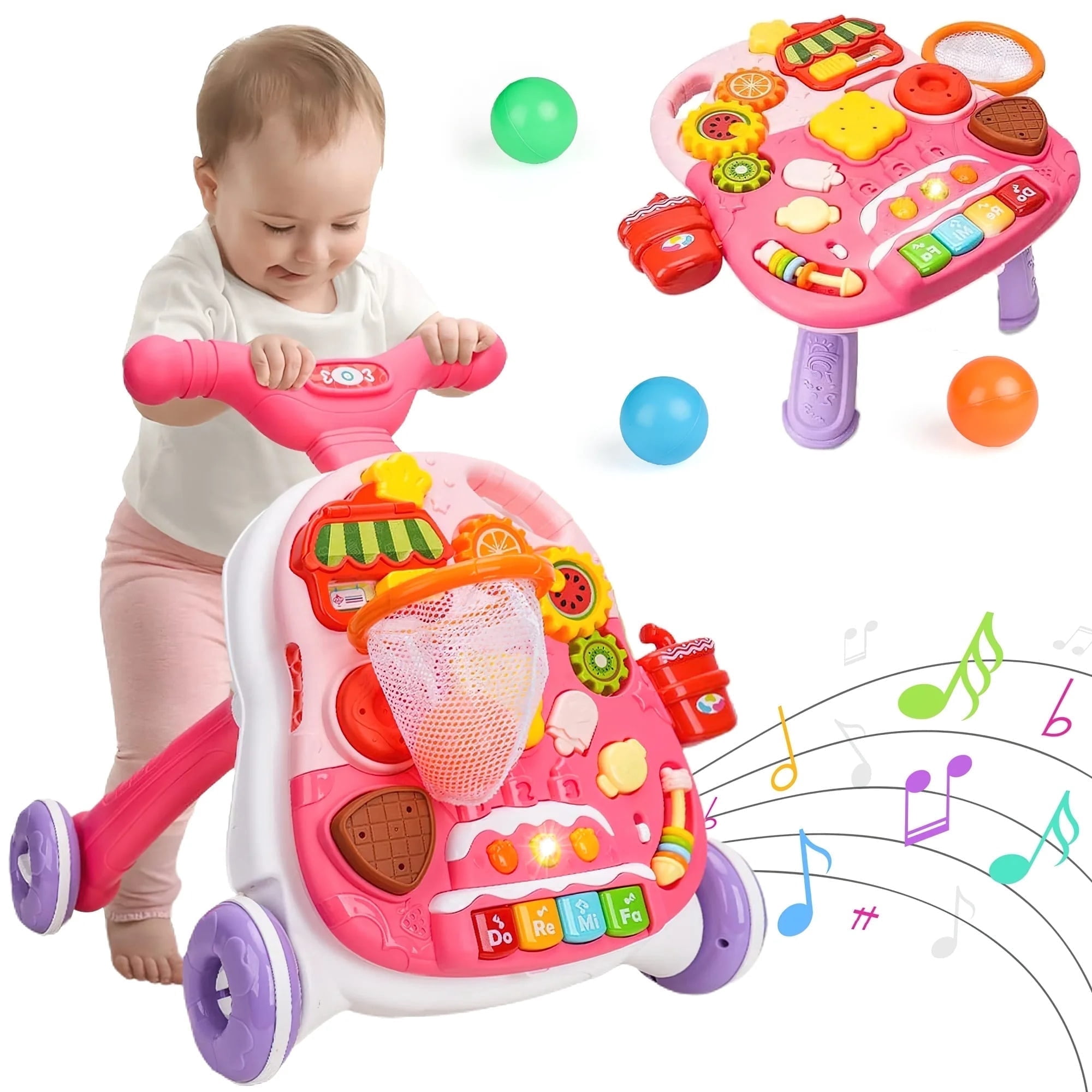 Carsky Sit-to-Stand Learning Walker, 2 in 1 Baby Push Walker and Activity Center, Music Learning Toy, Birhday Christmas Gift for Boys Girls 6 to 18 Months-Pink