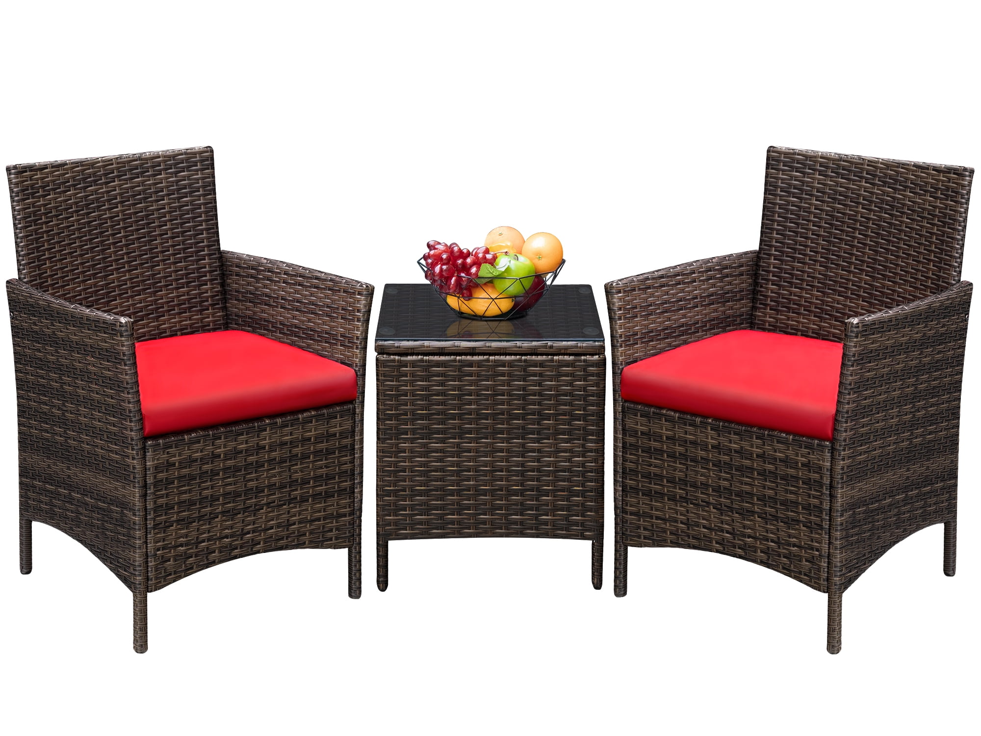 Devoko 3 Pieces Patio Conversation Set PE Rattan Wicker Chairs with Coffee Table, Brown/Red