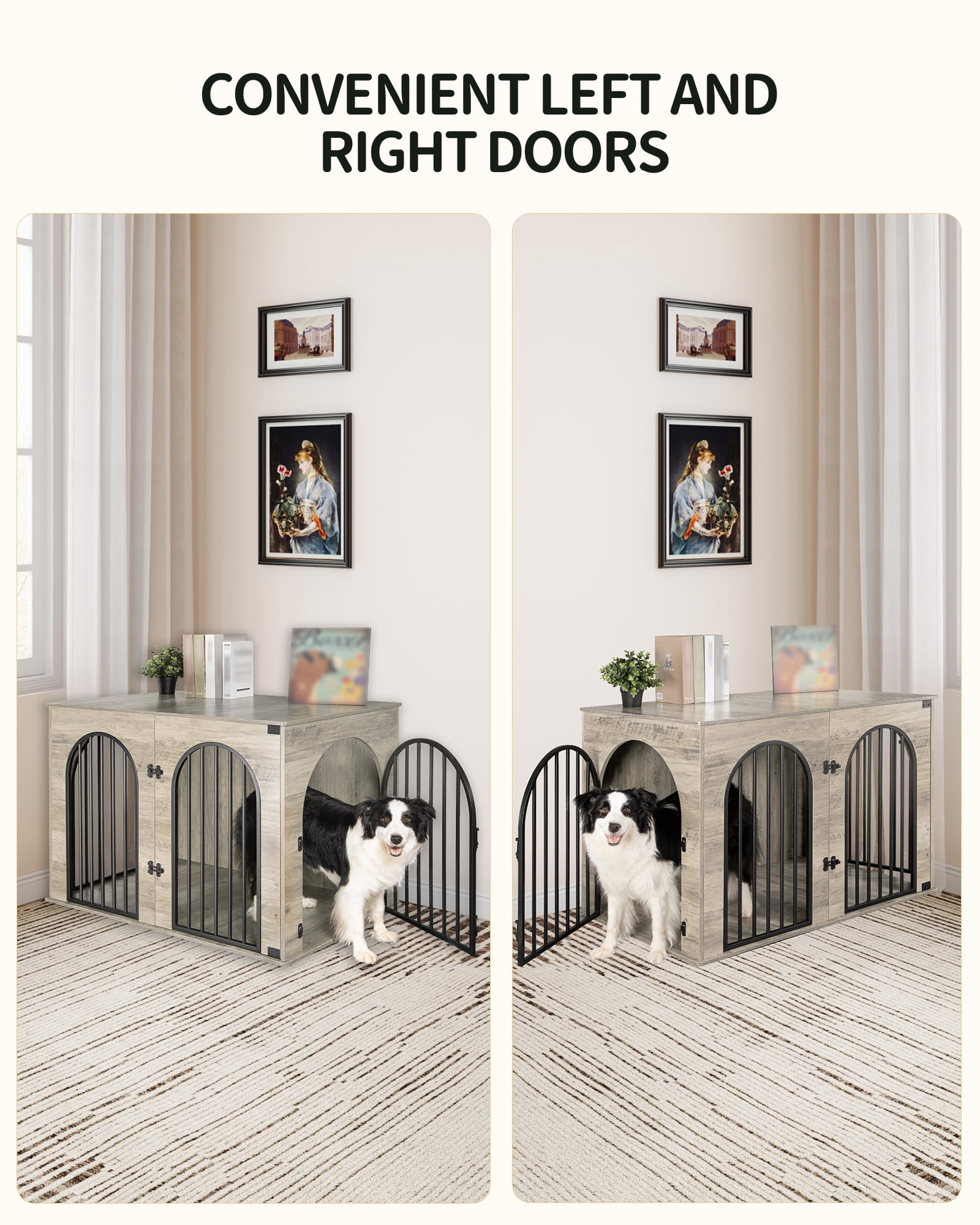 44.1" Dog Crate Furniture, 3 Door Wooden Dog Crate Furniture for Small/Medium/Large Dog,Greige Black