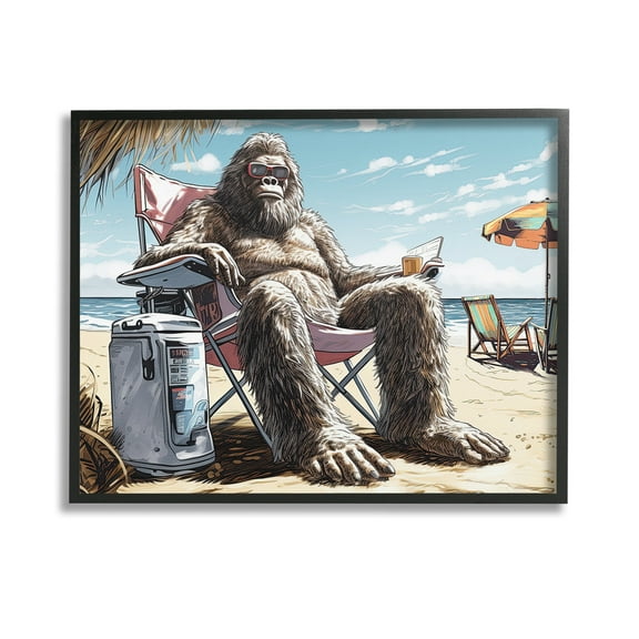 Stupell Industries Hairy Monster on Beach Fairy Tales & Fantasy Painting Black Framed Art Print Wall Art, 14 x 11