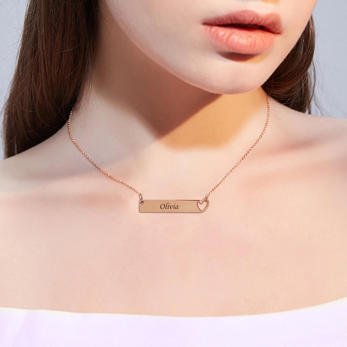 Personalized Birthday Day Gift for Wife Mom Women's Heart Bar Name Necklace Stainless Steel Gift for Girlfriend Fiancee Engravable Couples Free Gift Box Ships Next Day