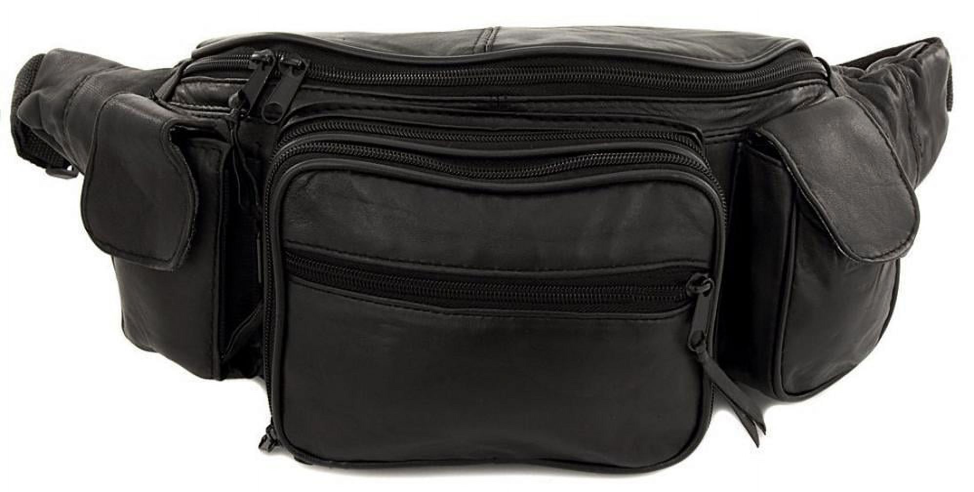 New Large 8 Pocket Genuine Leather Waist Hip Lumbar Fanny Fannie Pack Bag Black with Dual Cell Phone Pockets and Dual Organizer