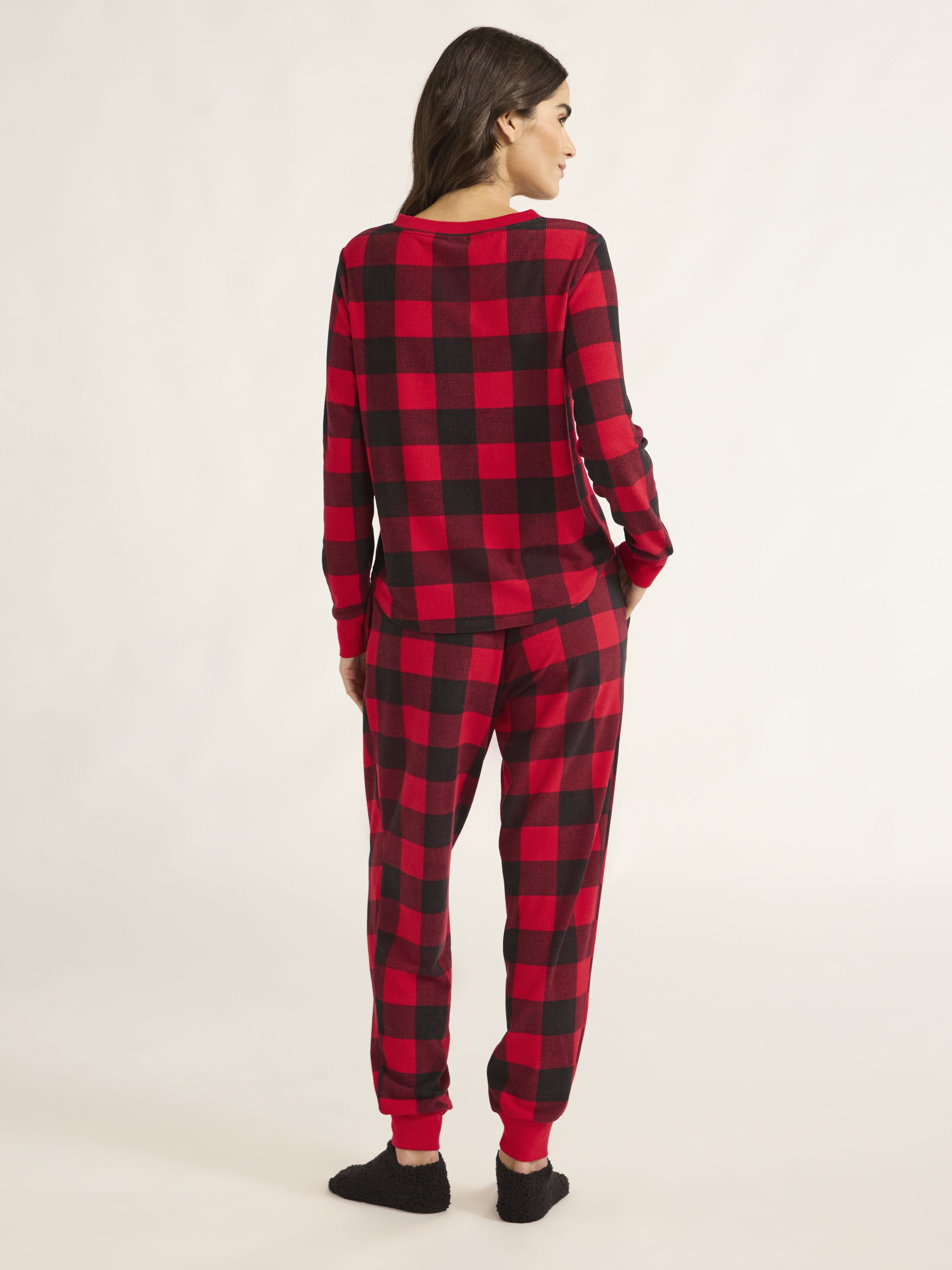 Joyspun Women's Velour Waffle Henley Sleep Top, Jogger Pants and Socks Pajama Set, 3-Piece, Sizes XS-3X