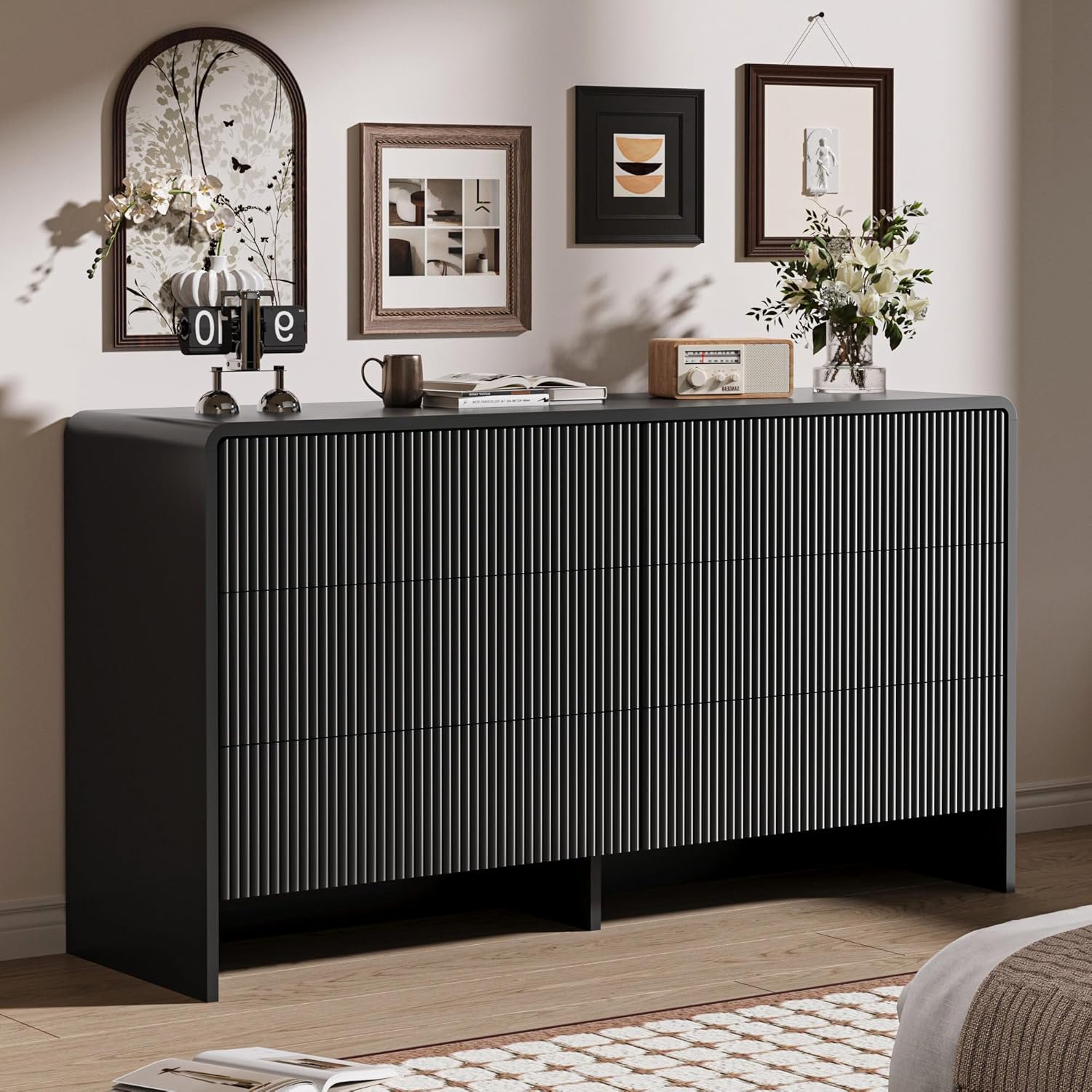FURNIWAY Black 6 Drawer Dresser Push to Open Modern Curved Long Dresser for Bedroom Living Room Closet