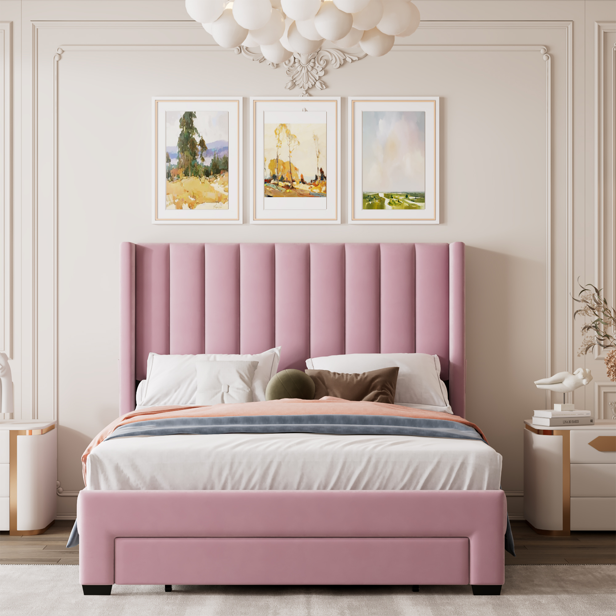 Leumius Full Size Platform Bed with A Storage Drawer,Velvet Upholstered Bed Frame with Wingback Vertical Channel Tufted Headboard,Pink