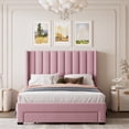 thumbnail image 2 of Leumius Full Size Platform Bed with A Storage Drawer,Velvet Upholstered Bed Frame with Wingback Vertical Channel Tufted Headboard,Pink, 2 of 8