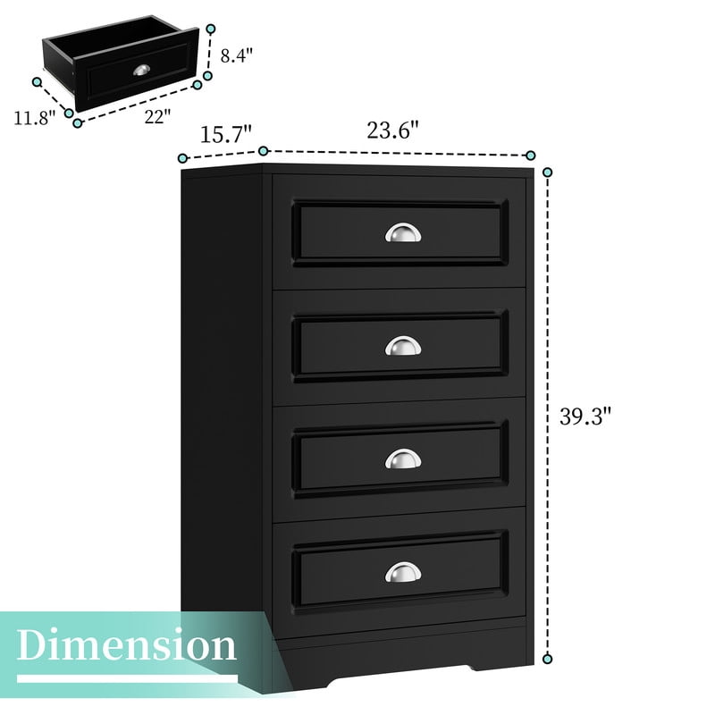 Walsunny 4 Drawer Dresser for Bedroom, Modern Wood Chest of Handle-Drawers, Storage Cabinet Organizer, Wooden Dresser for Bedroom Living Room Closet Entryway, Black