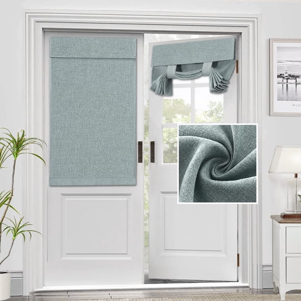 Cortinas para puerta francesa de lino con textura de privacidad, persianas para puerta francesa, cortinas para ventana de cocina, impermeables, 26 x 68 pulgadas, cortinas para oscurecer la habitación para puerta de vidrio, cortina para atar para dormitorio, 1 panel, marfil, gris agua, 26 pulgadas de ancho x 40 pulgadas de largo