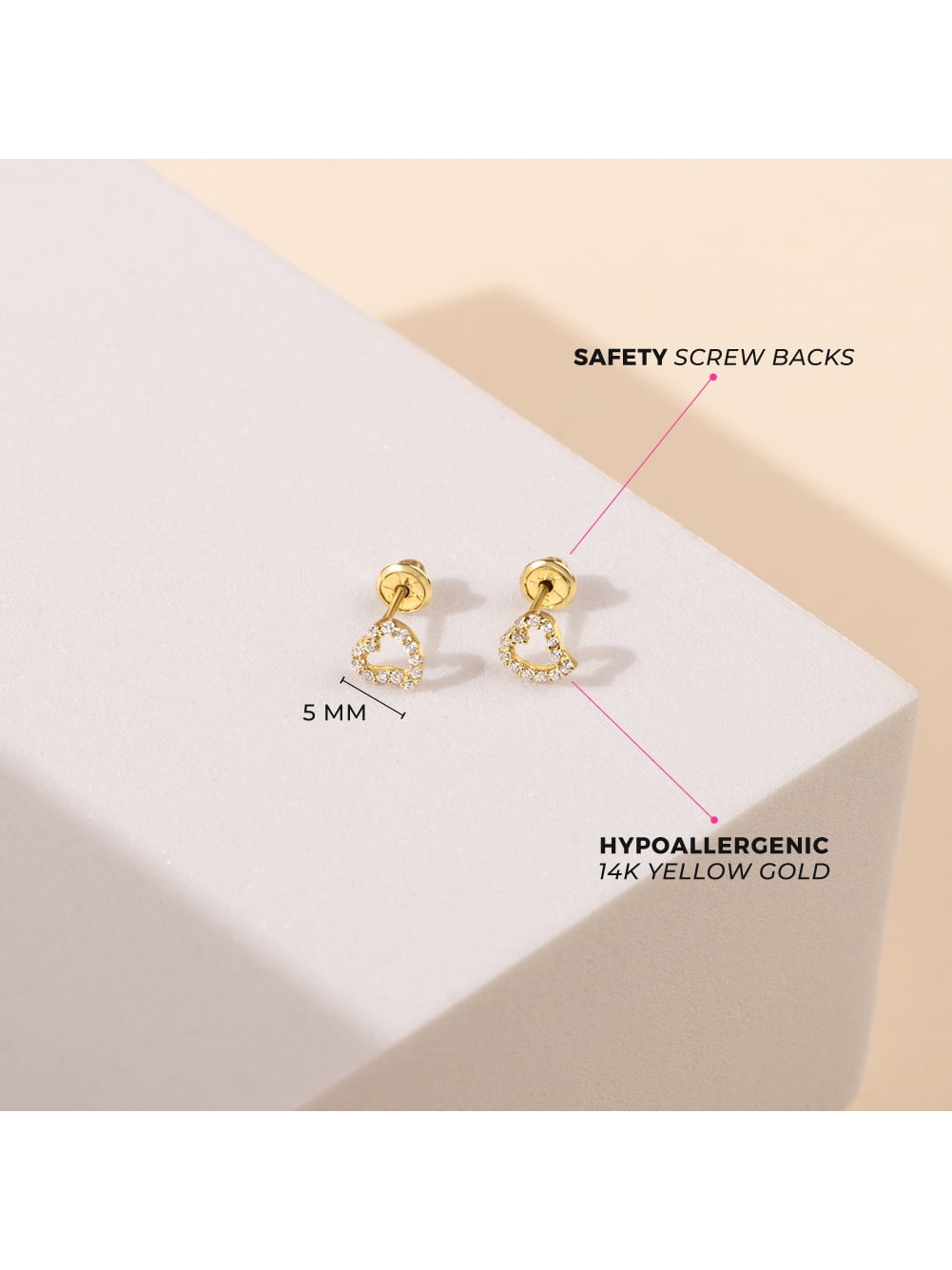 14k Gold CZ Encrusted Heart Clear Baby / Kids Earrings Safety Screw Back