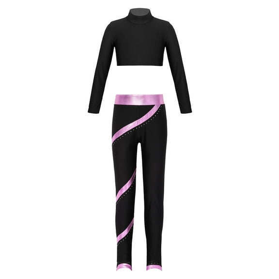 JanJean Kids Girls Dance Sports Tracksuit Long Sleeve Mock Neck Crop Top with Skating Pants Gymnastic Pink 10