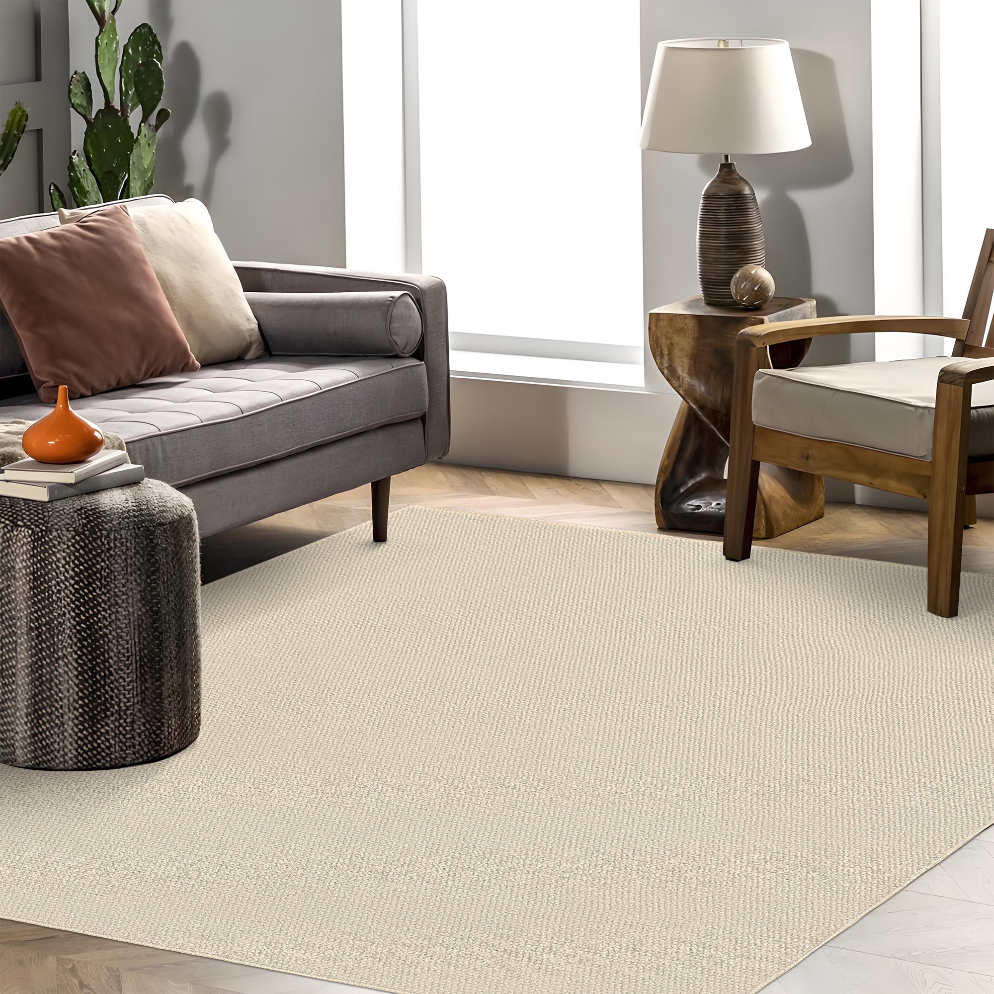 Hasoo 8' x 10' Area Rug for Living Room Solid Textured Vintage Rug Non Slip Throw Rugs Indoor Carpet, Cream