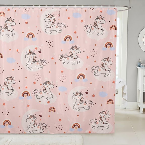 Pink Unicorn Bath Curtain Cartoon Rainbow Unicorn Shower Curtain for Boys Girls Cute Unicorn Bathroom Shower Curtain Set Kawaii Rainbow Kids Bathroom Accessories 72"x72"